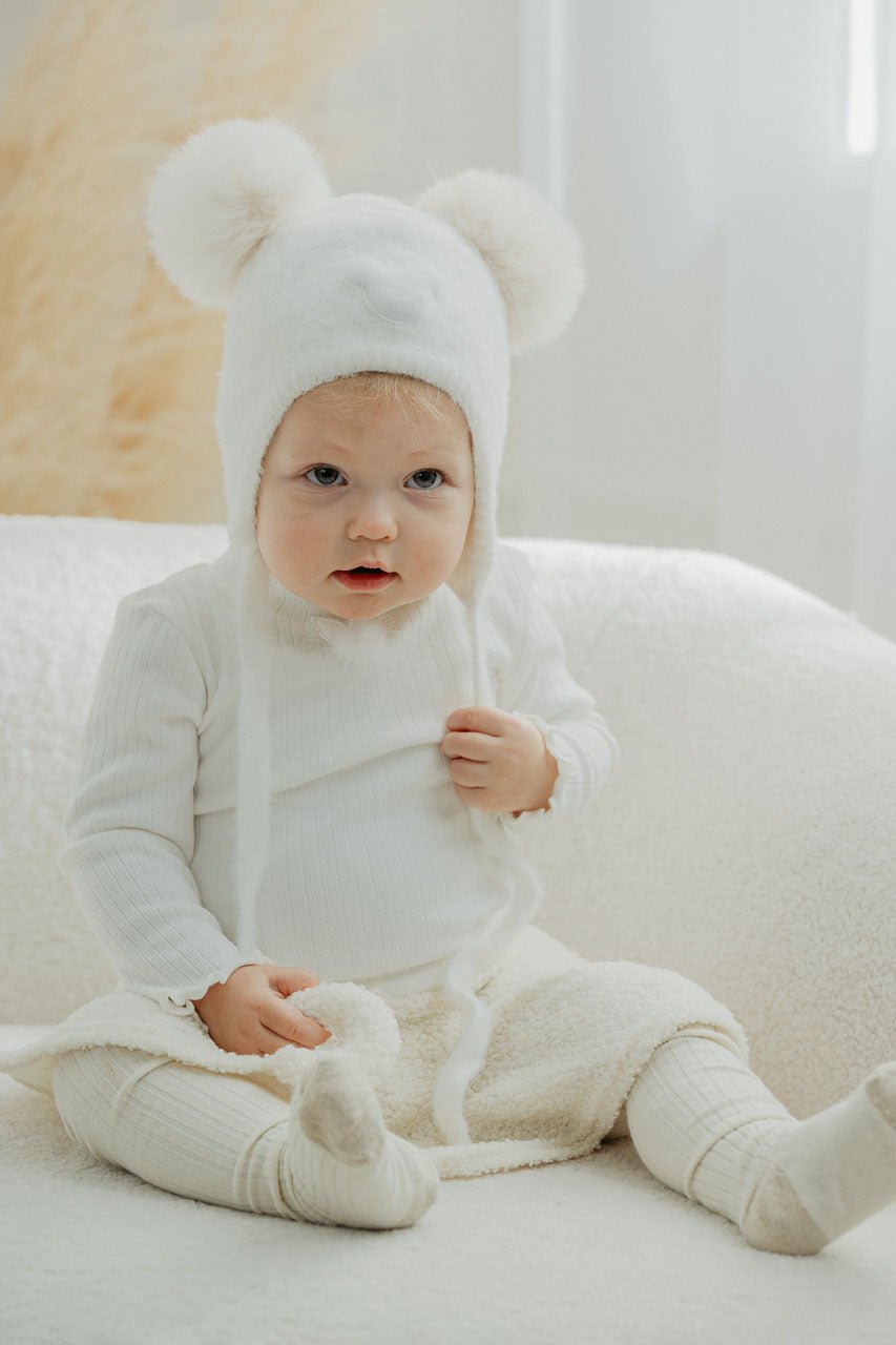 Jamiks Fluffy Ivory Cashmere Bear Pom Pom Hat - Millie and John