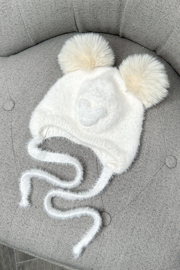 Jamiks Fluffy Ivory Cashmere Bear Pom Pom Hat - Millie and John