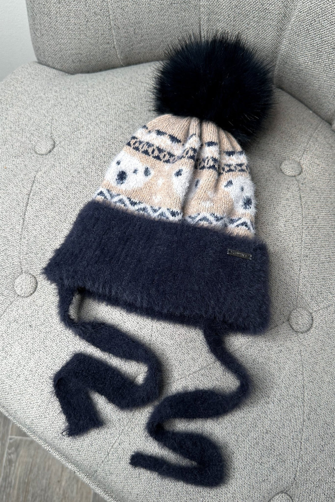 Jamiks Fluffy Navy Teddy Fair Isle Pom Pom Hat - Millie and John