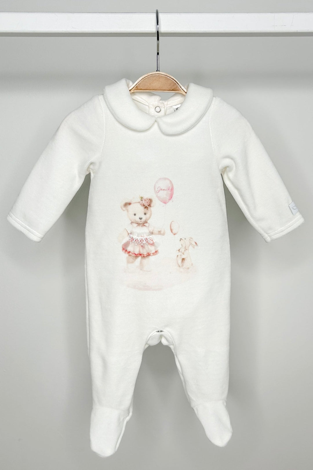Jamiks Ivory & Pink Velour Bear Sleepsuit - Millie and John