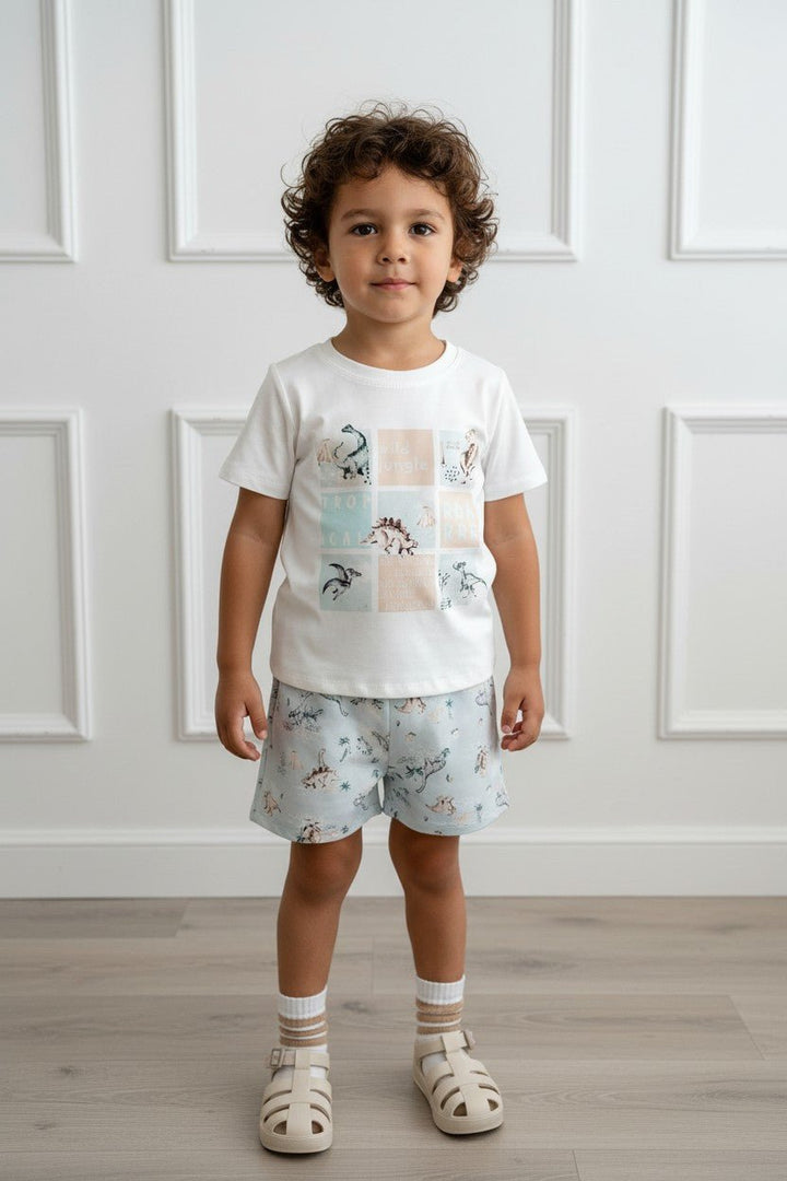 Jamiks "Johannes" Ivory &amp; Blue Dinosaur T-Shirt &amp; Shorts - Millie and John