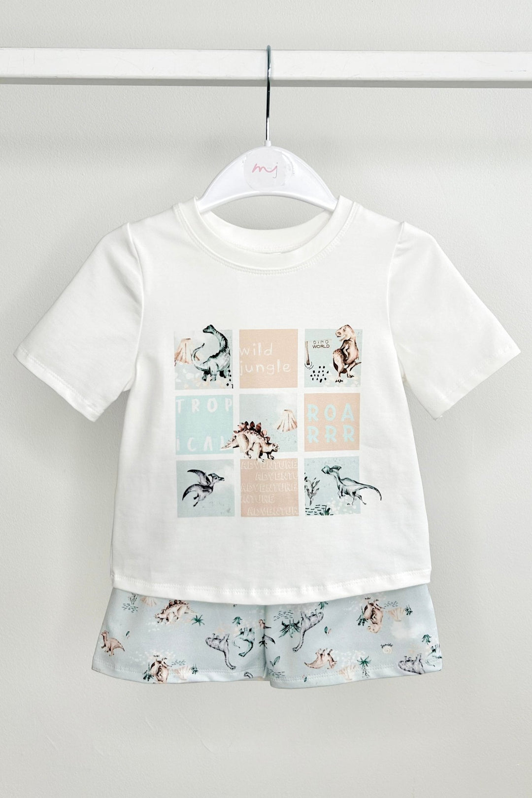 Jamiks "Johannes" Ivory & Blue Dinosaur T-Shirt & Shorts - Millie and John