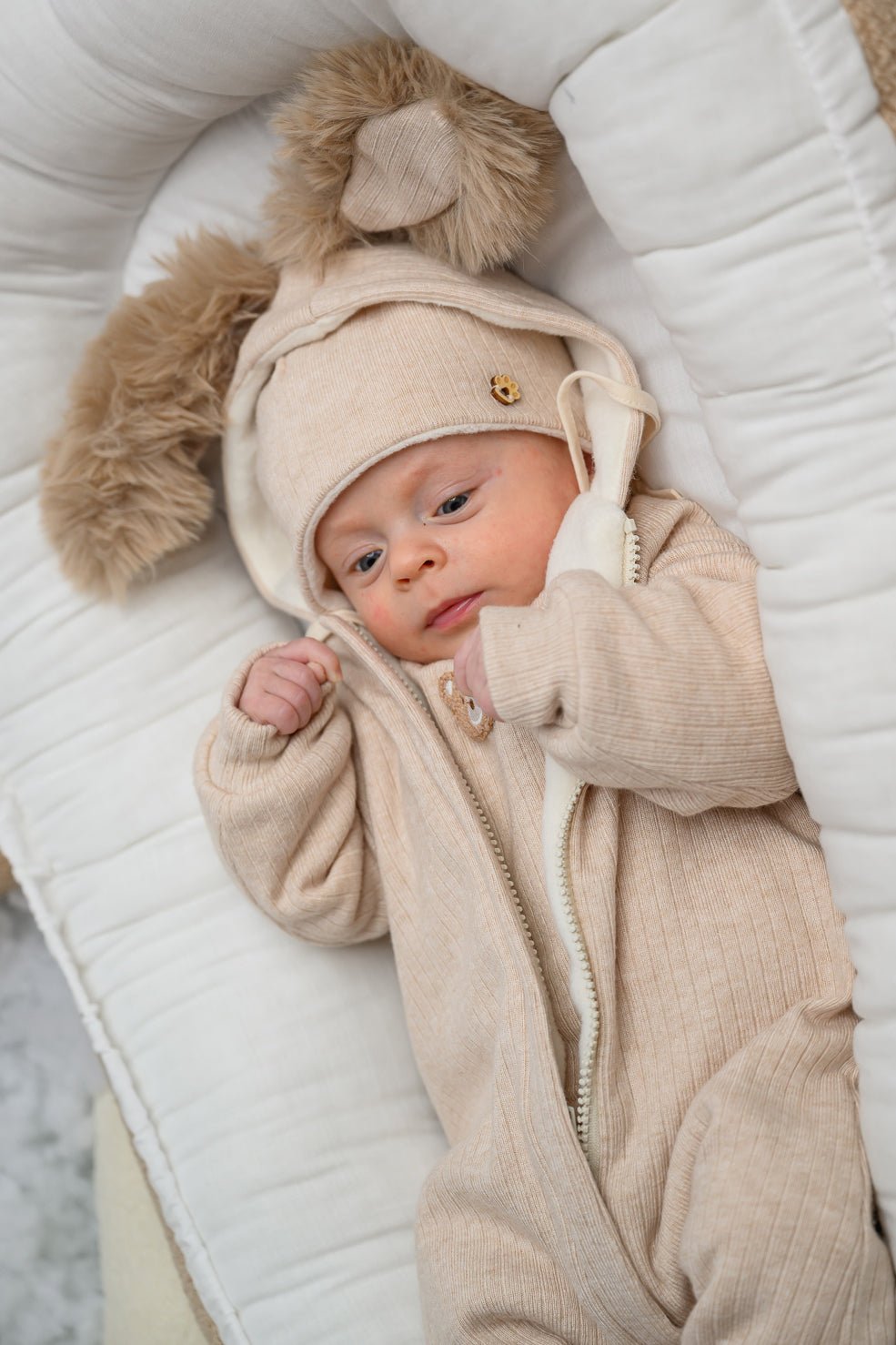 Jamiks "Kirby" Ribbed Faux Fur Bunny Ear Romper - Millie and John