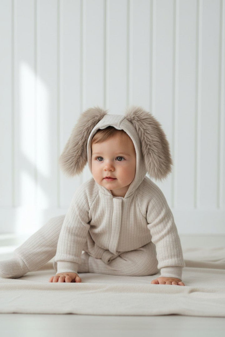 Jamiks "Kirby" Ribbed Faux Fur Bunny Ear Romper - Millie and John