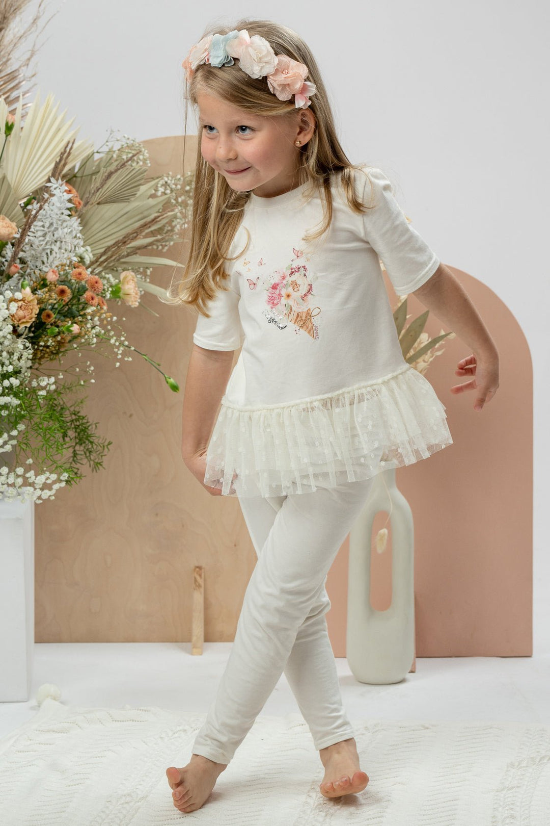 Jamiks "Malin" Ivory Floral Tulle Blouse & Leggings - Millie and John