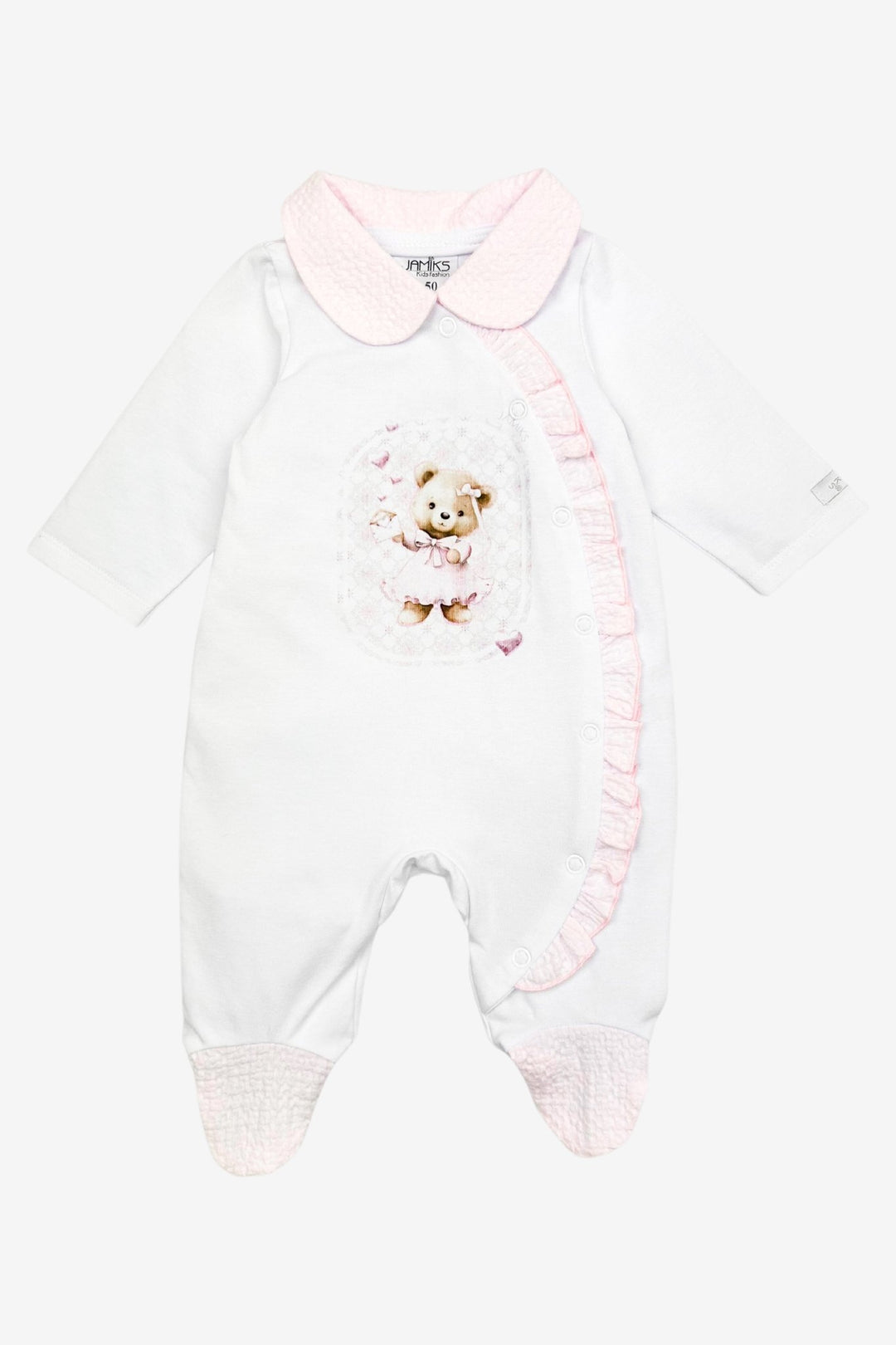 Jamiks "Nelly" White & Pink Teddy Bear Sleepsuit - Millie and John
