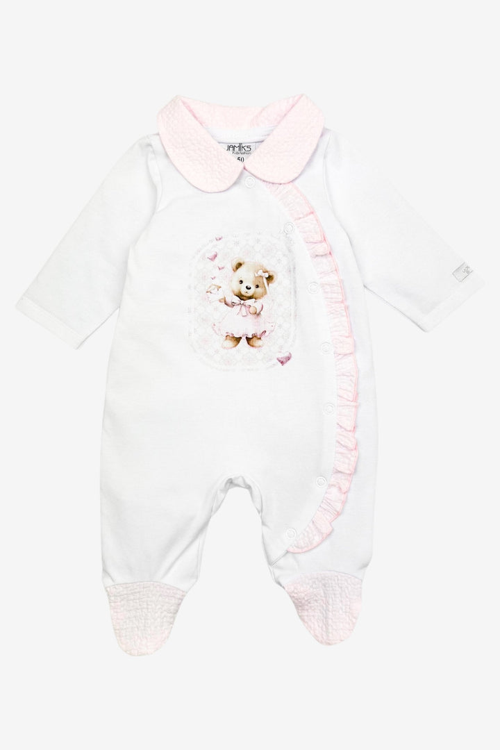 Jamiks "Nelly" White & Pink Teddy Bear Sleepsuit - Millie and John