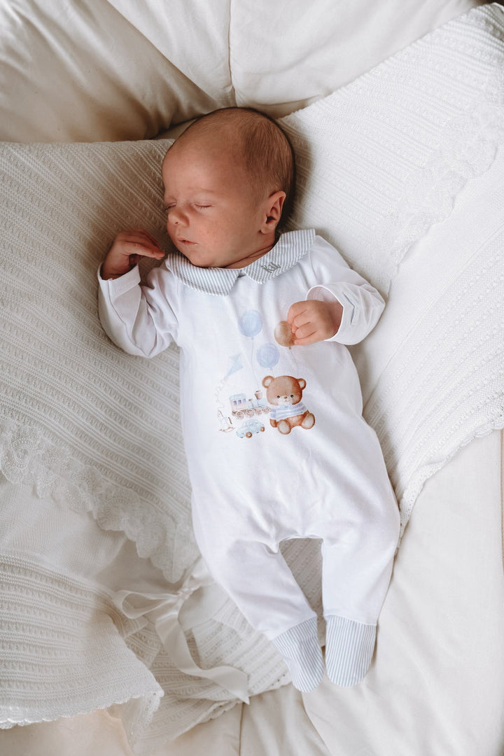 Jamiks "Otto" White & Blue Teddy Bear Sleepsuit - Millie and John