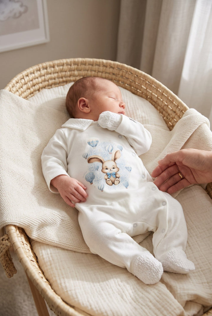 Jamiks "Robin" Ivory &amp; Blue Bunny Sleepsuit - Millie and John