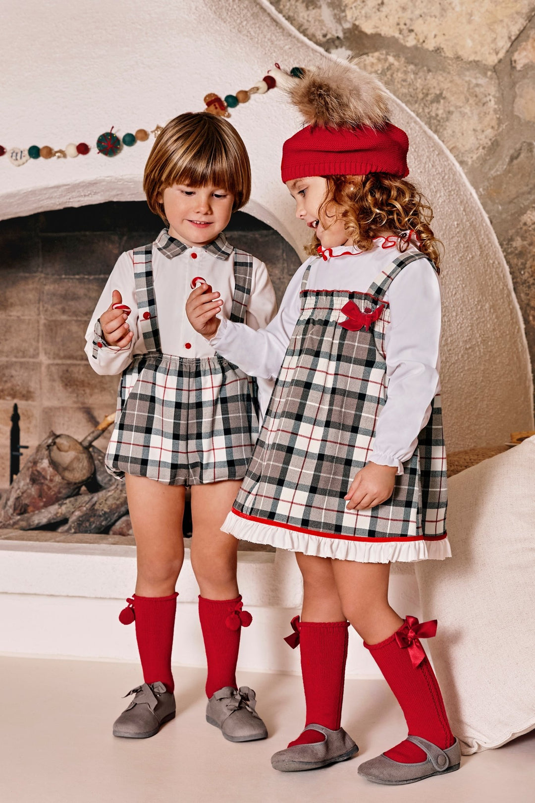 Juliana "George" Shirt & Stone Tartan Jam Pants with Braces - Millie and John