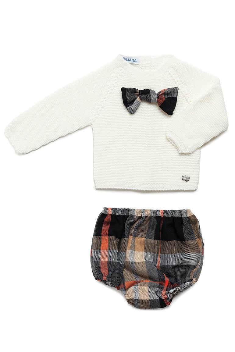 Juliana "Olivia" Ivory Knit Top & Autumnal Tartan Bloomers - Millie and John