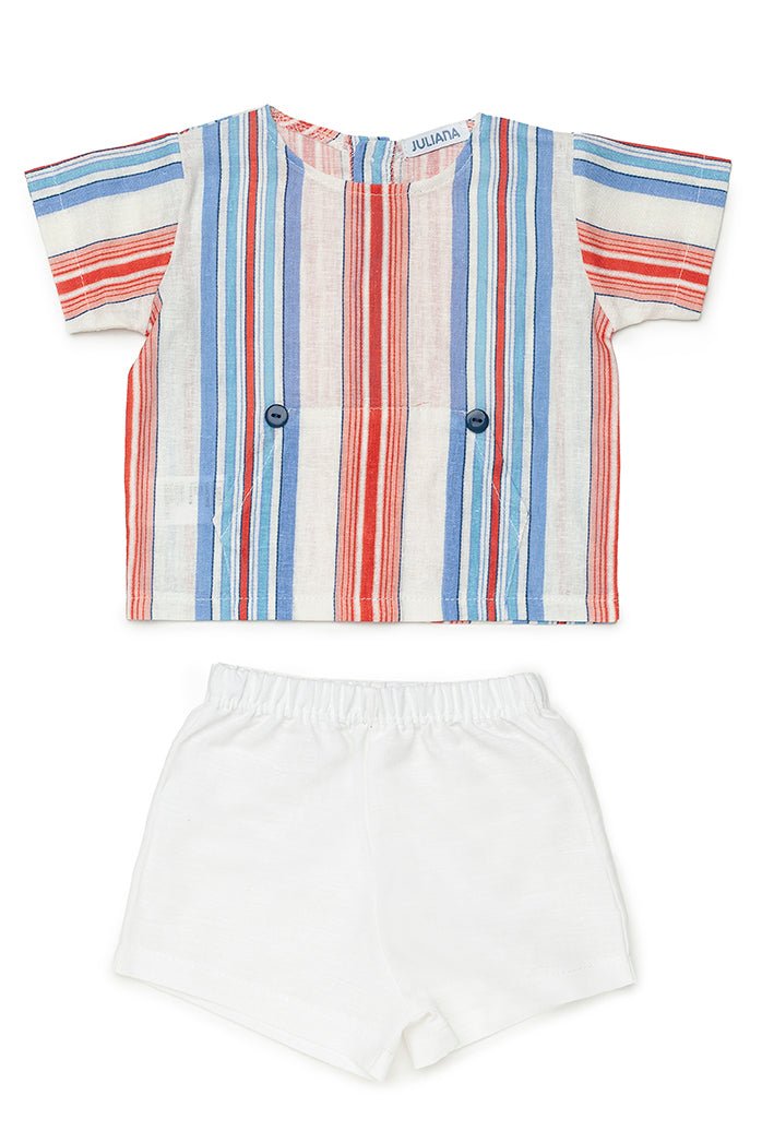 Juliana "Sebastian" Dusky Blue & Red Striped Shirt & Shorts - Millie and John