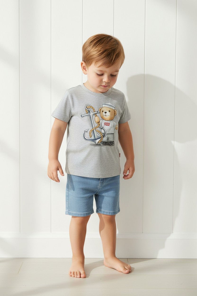 Levi's® Grey Sailor Bear T-Shirt & Denim Shorts - Millie and John