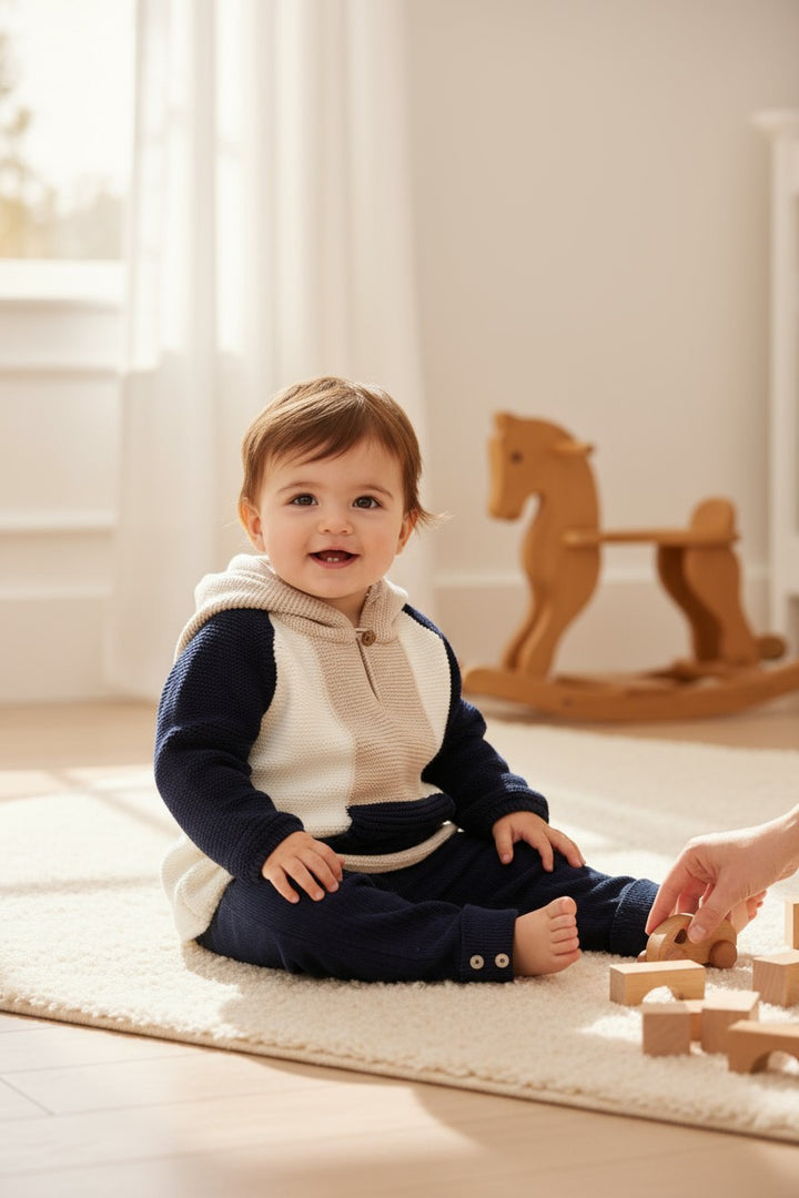 "Roman" Navy, Stone & Ivory Knit Hoodie & Leggings