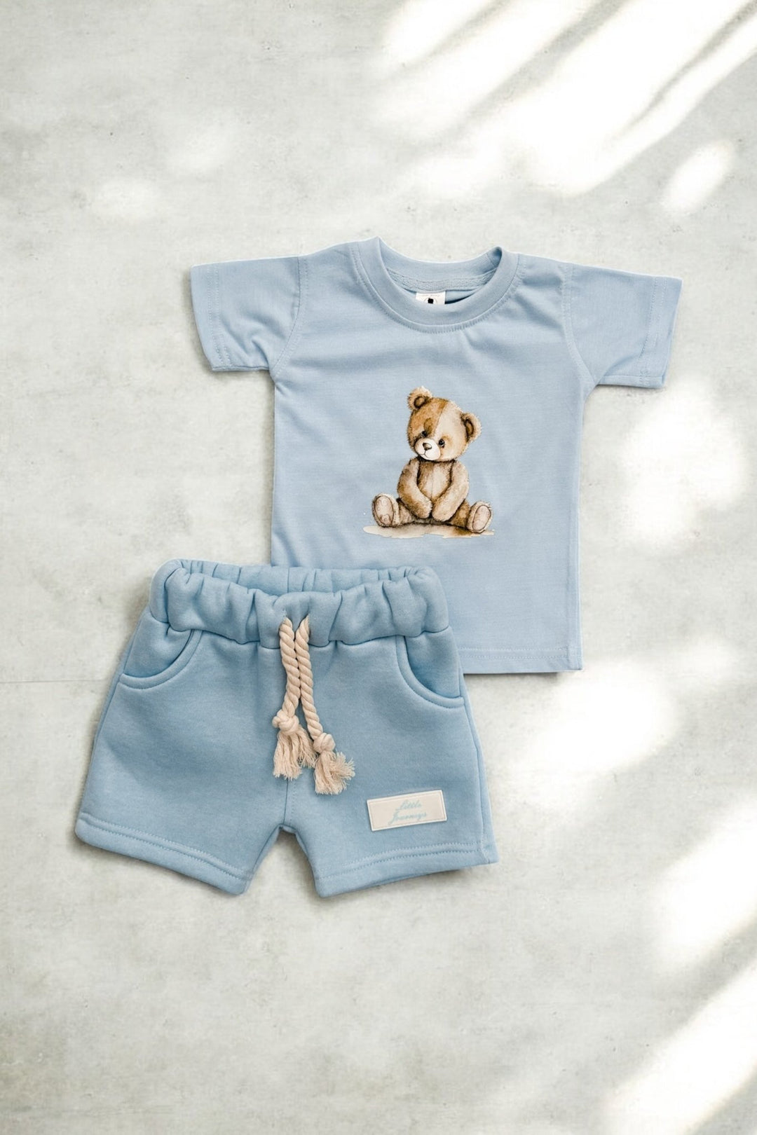 Little Journeys "Arlo" Baby Blue Teddy T-Shirt & Shorts - Millie and John