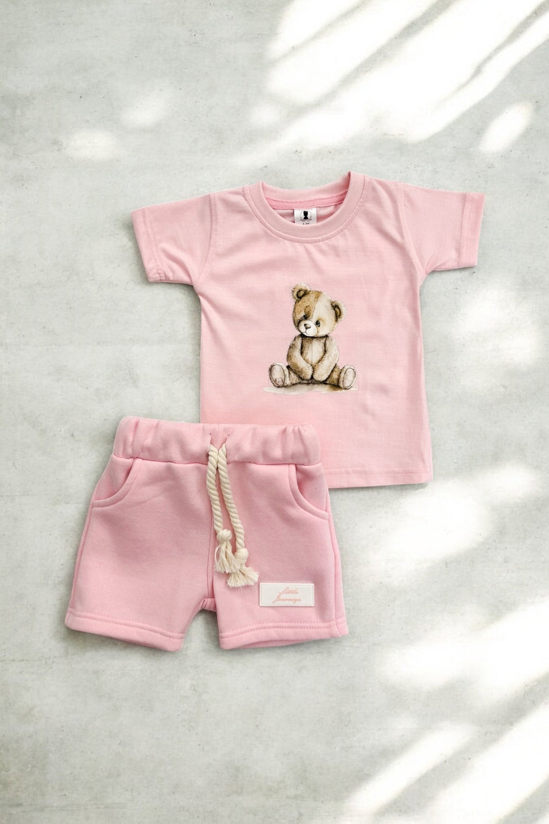Little Journeys "Arlo" Baby Pink Teddy T-Shirt & Shorts - Millie and John