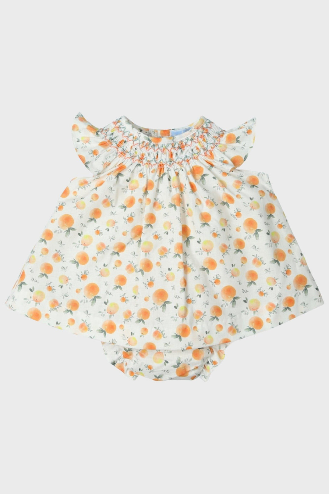 Mac Ilusión "Audrey" Peach Print Smocked Dress & Bloomers - Millie and John