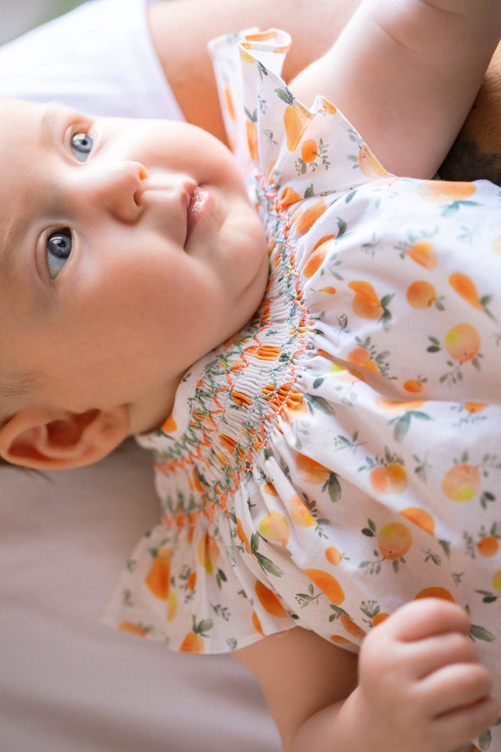 Mac Ilusión "Audrey" Peach Print Smocked Dress & Bloomers - Millie and John