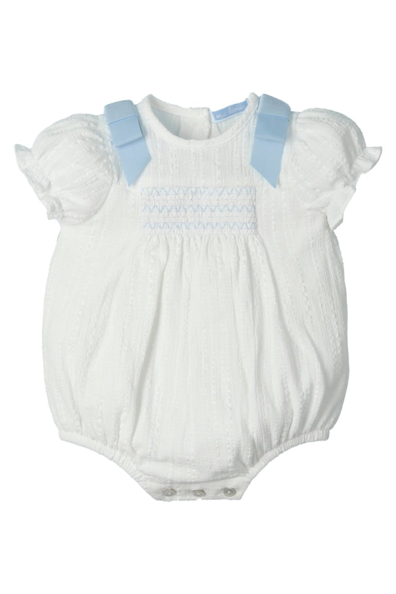 Mac Ilusión "Devon" White & Blue Smocked Romper - Millie and John