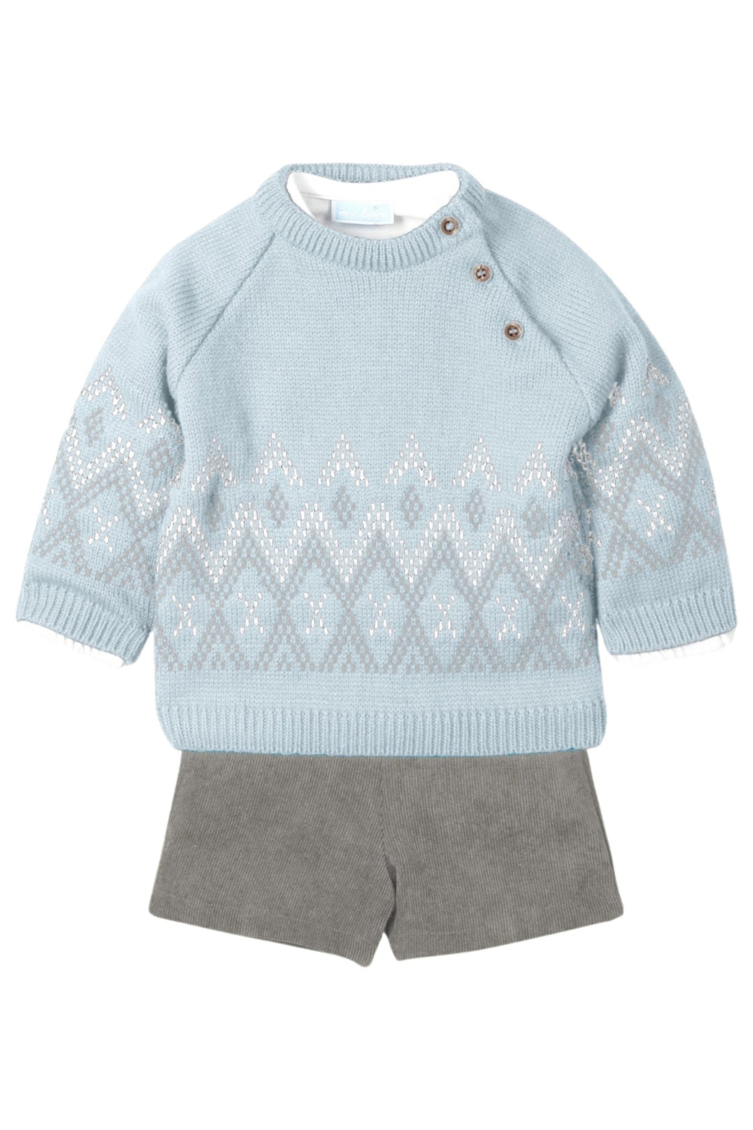 Mac Ilusión "Florian" Cloud Blue Knit Jumper, Shirt & Cord Shorts - Millie and John