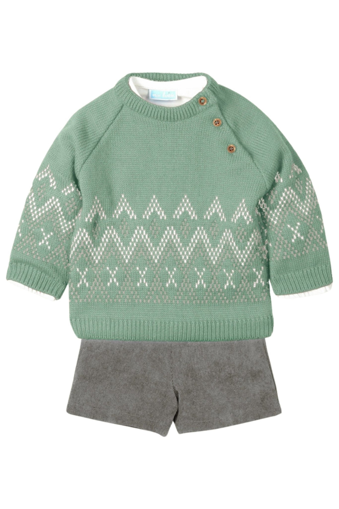 Mac Ilusión "Florian" Leaf Green Knit Jumper, Shirt & Cord Shorts - Millie and John