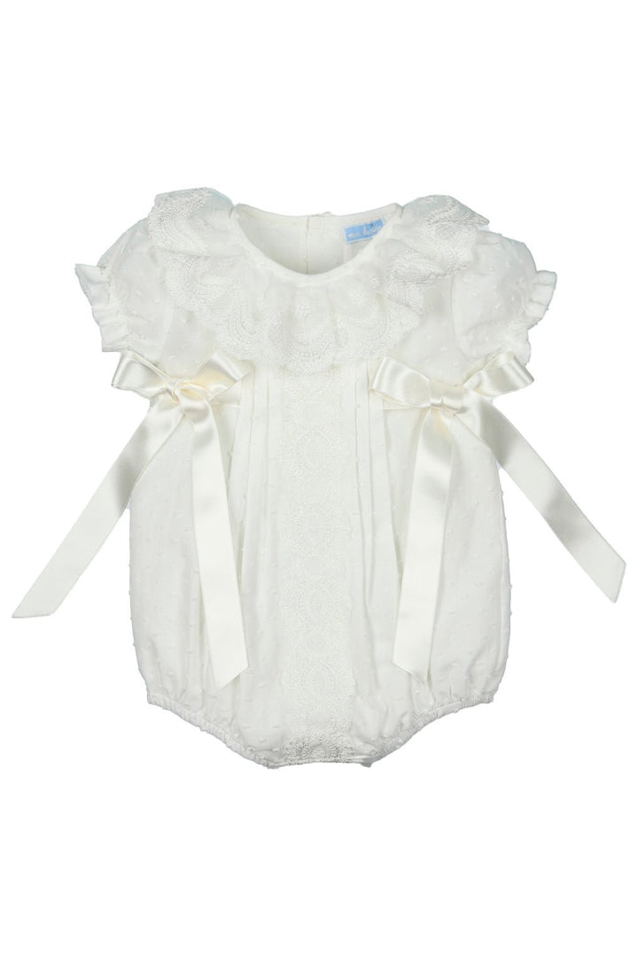 Mac Ilusión "Jolie" Ivory Plumeti Dot Lace Romper - Millie and John