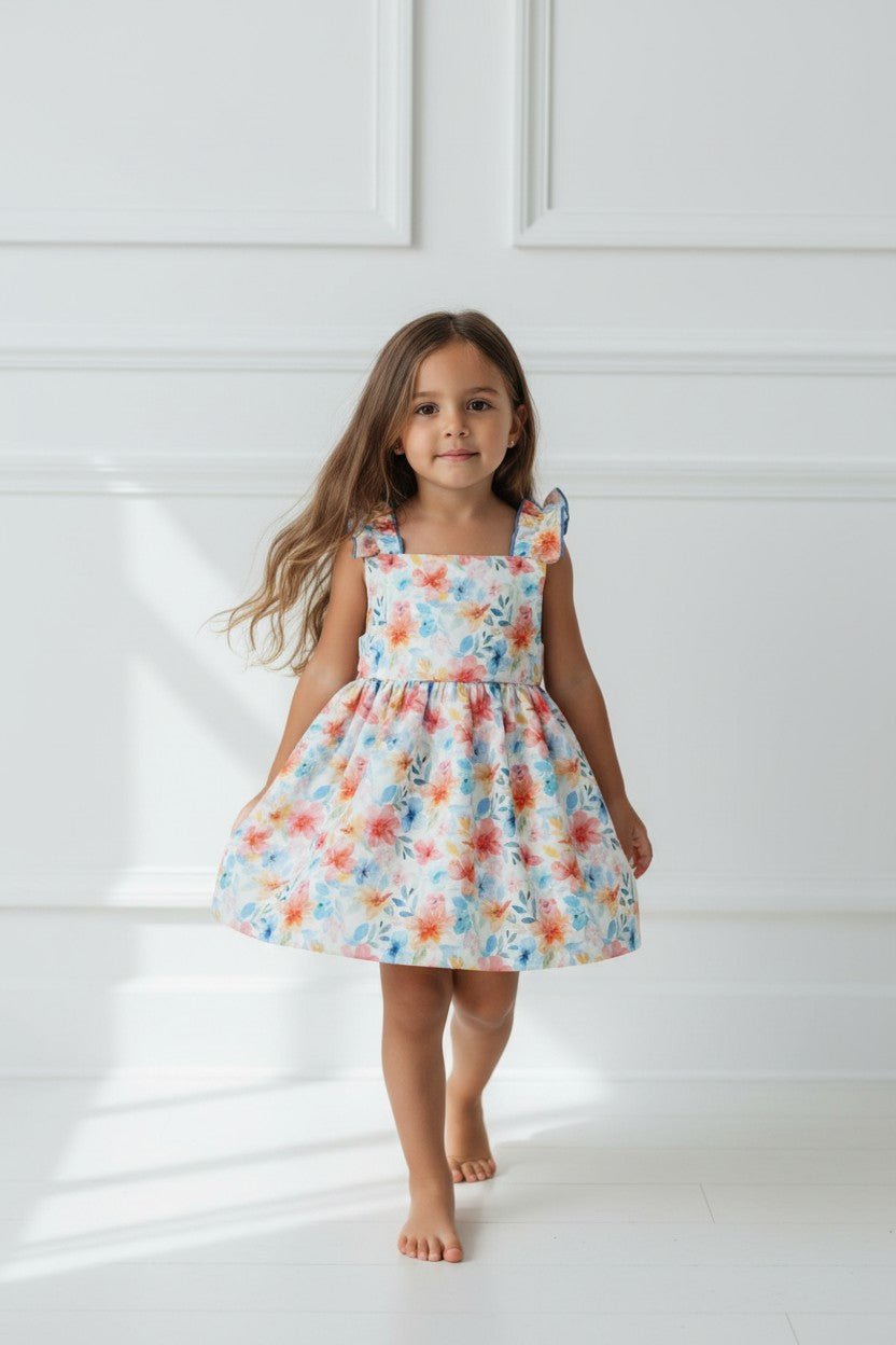 Mac Ilusión "Lucia" Dusky Blue & Red Floral Dress - Millie and John
