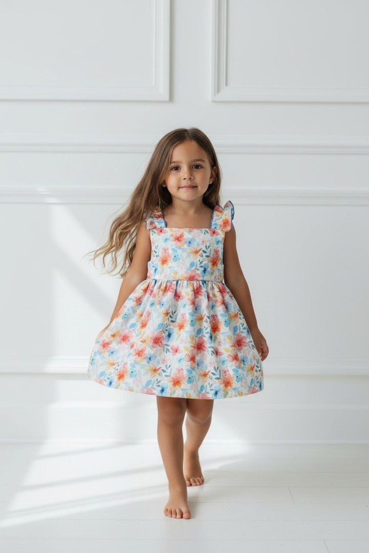 Mac Ilusión "Lucia" Dusky Blue &amp; Red Floral Dress - Millie and John