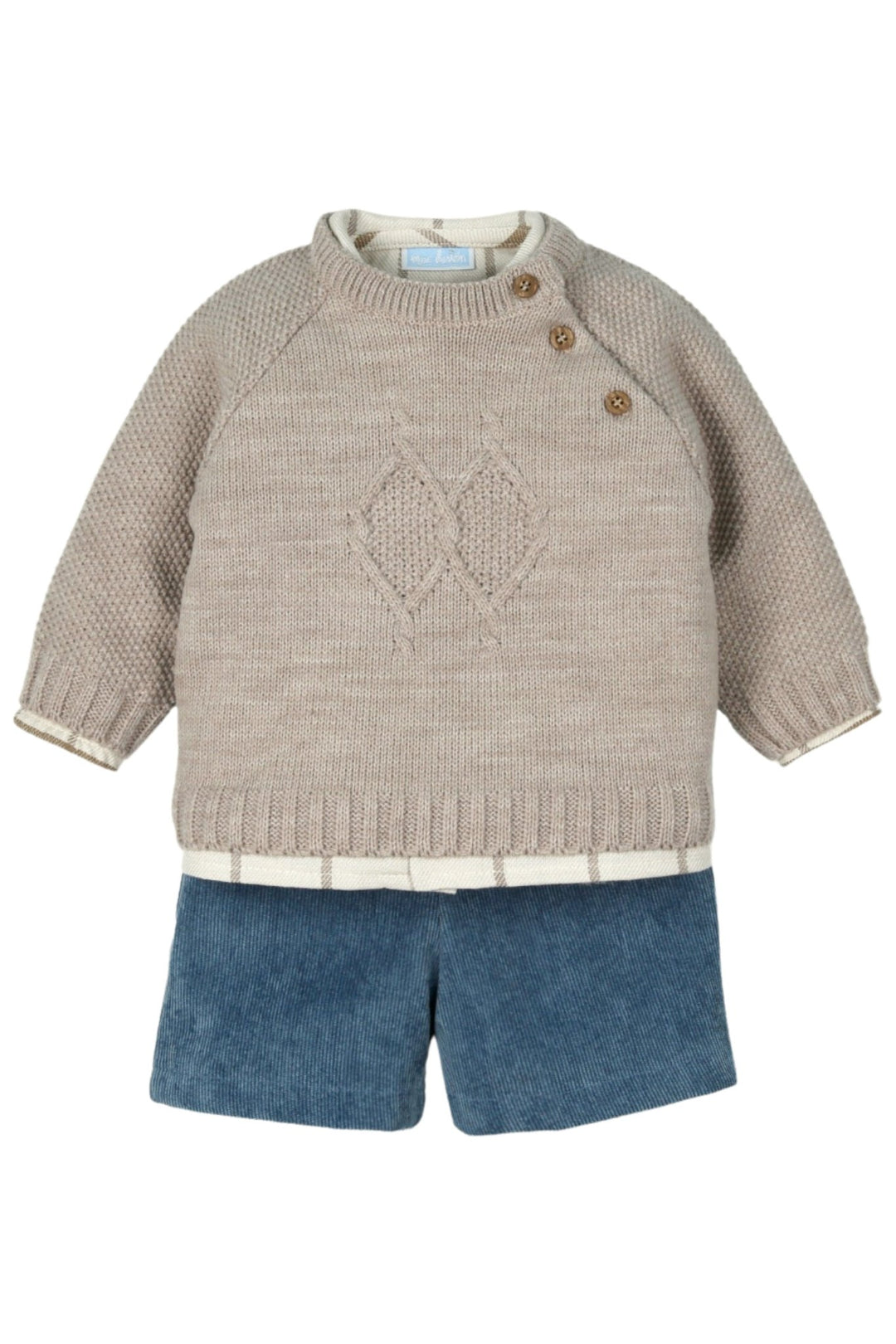 Mac Ilusión "Myles" Hazelnut Knit Jumper, Check Shirt & Cord Shorts - Millie and John