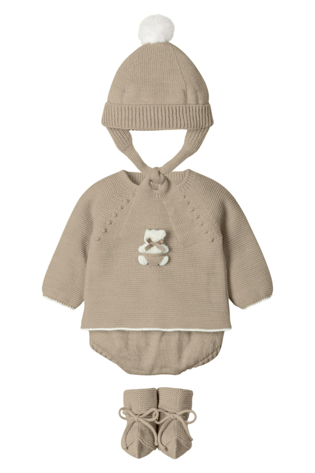 Mac Ilusión "Remi" Hazelnut Knit Teddy Top, Bloomers, Hat & Booties - Millie and John