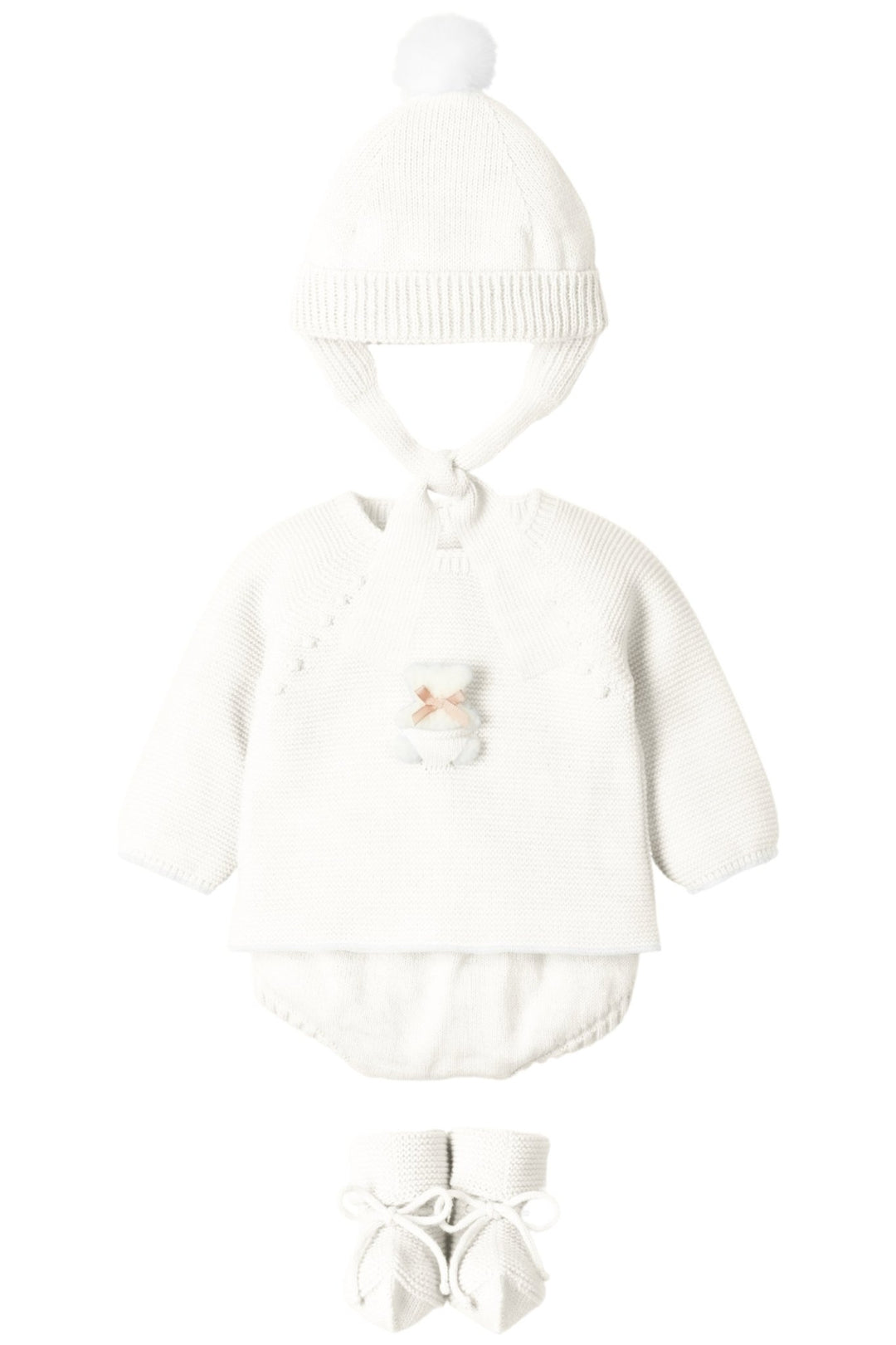 Mac Ilusión "Remi" Ivory Knit Teddy Top, Bloomers, Hat & Booties - Millie and John