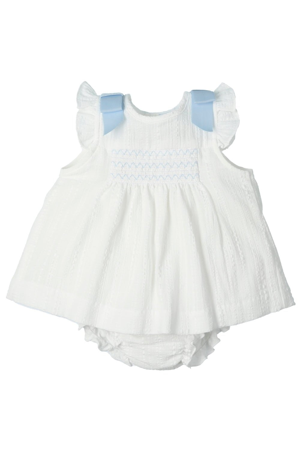 Mac Ilusión "Zariah" White & Blue Smocked Dress & Bloomers - Millie and John