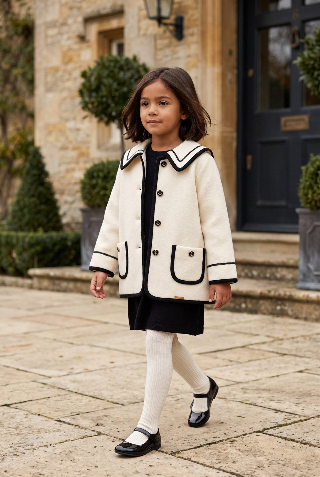 MARAE Kids "Artemis" Ivory & Black Merino Wool Sailor Jacket - Millie and John