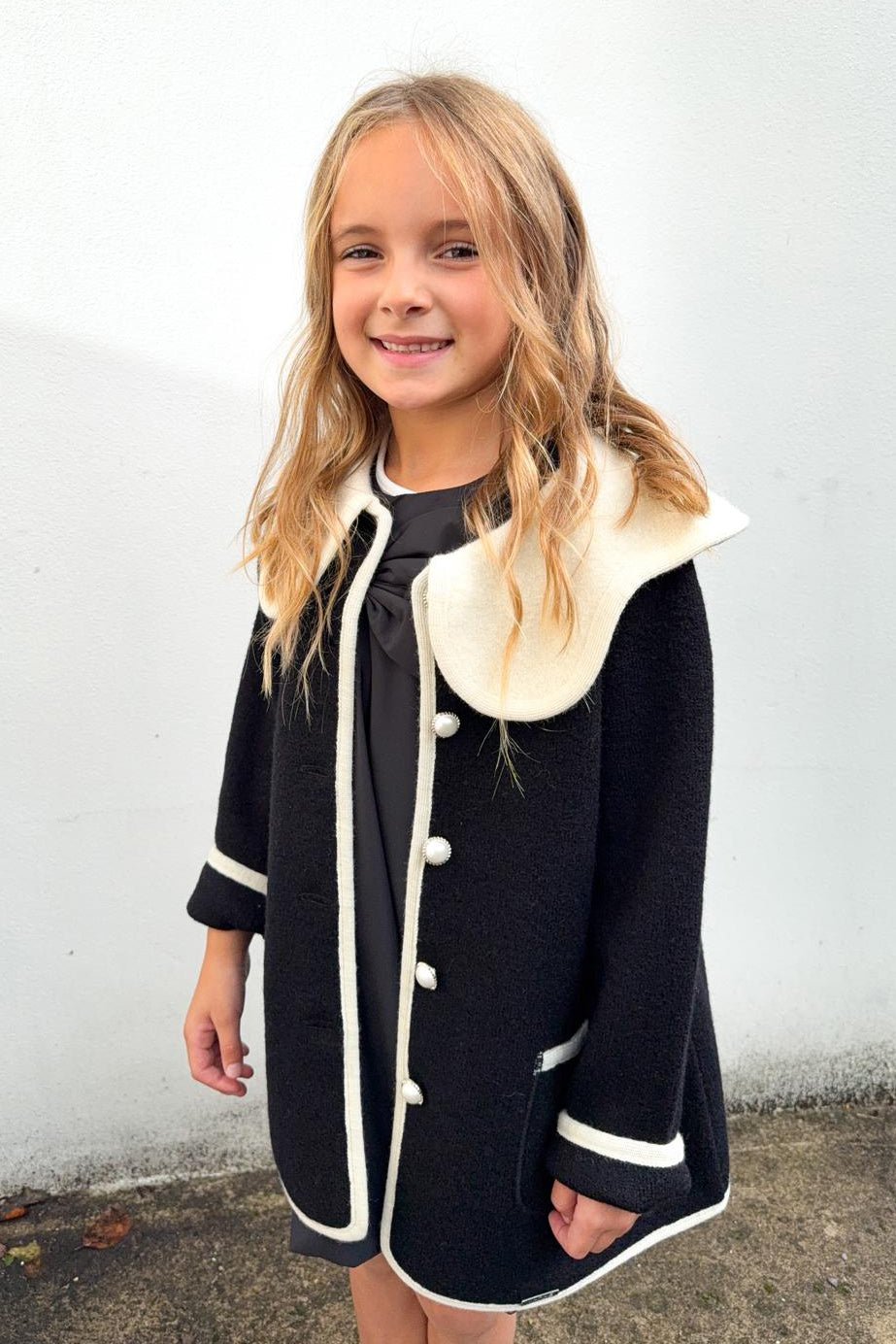 MARAE Kids "Eleanor" Black & Ivory Merino Wool Coat - Millie and John