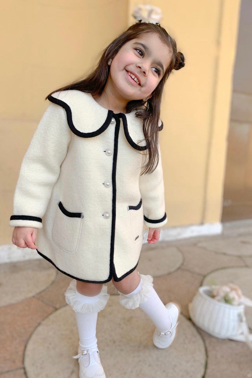 MARAE Kids "Eleanor" Ivory & Black Merino Wool Coat - Millie and John