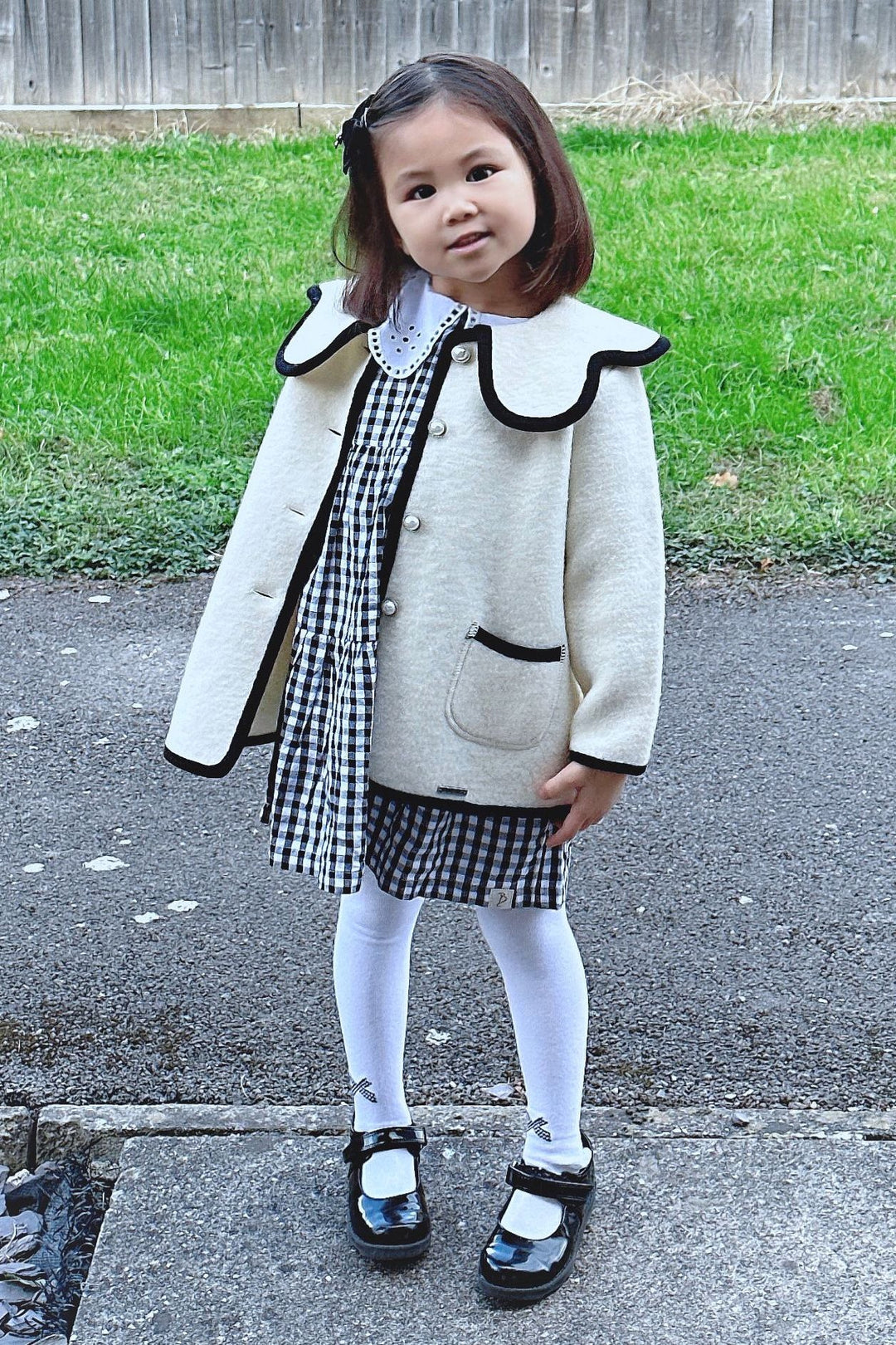 MARAE Kids "Eleanor" Ivory & Black Merino Wool Coat - Millie and John