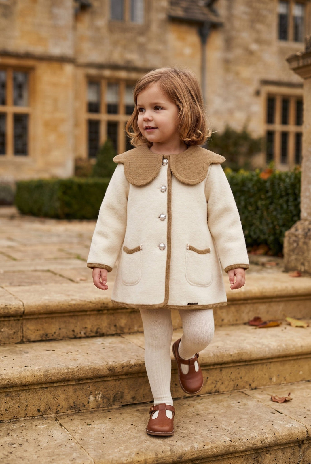 MARAE Kids "Eleanor" Ivory & Camel Merino Wool Coat - Millie and John