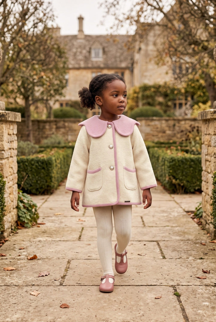 MARAE Kids "Eleanor" Ivory &amp; Pink Merino Wool Coat - Millie and John