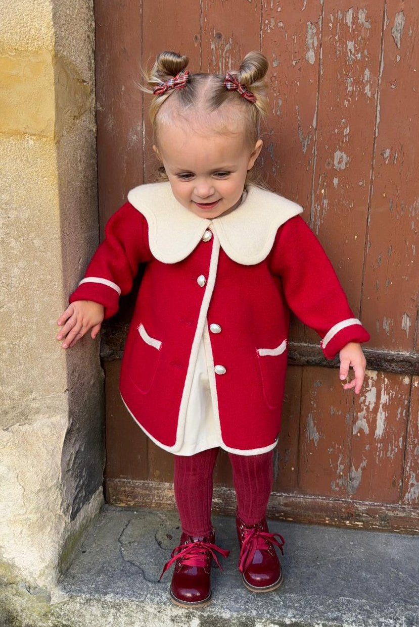 MARAE Kids "Eleanor" Red & Ivory Merino Wool Coat - Millie and John