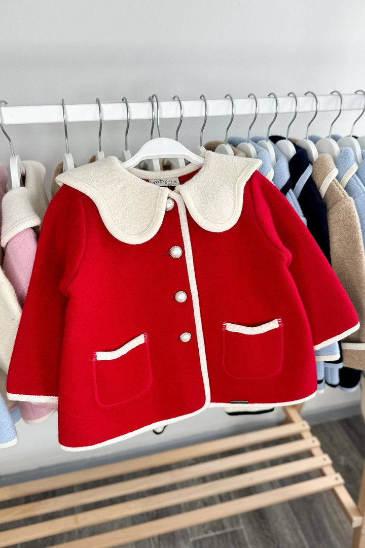 MARAE Kids "Eleanor" Red & Ivory Merino Wool Coat - Millie and John