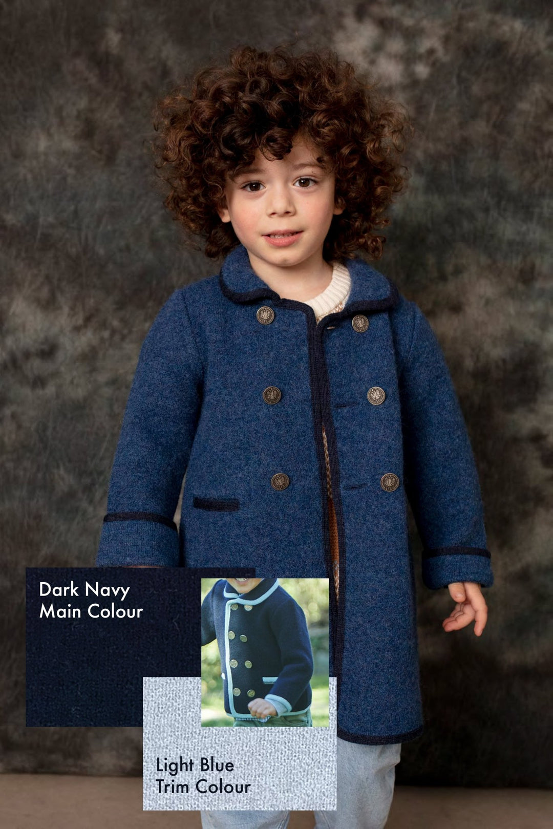 MARAE Kids "George" Navy & Light Blue Merino Wool Coat - Millie and John