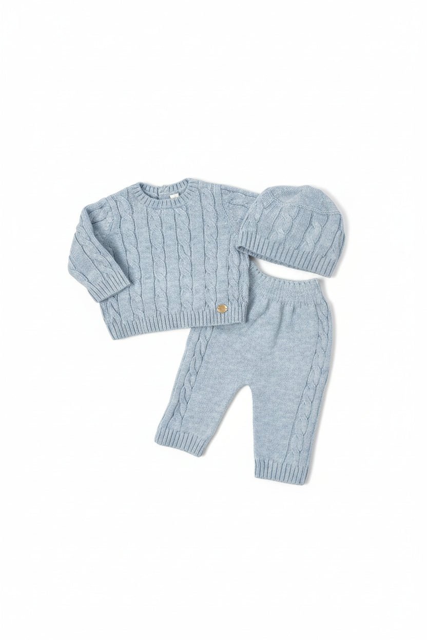 Martín Aranda "Alaric" Powder Blue Cable Knit Top, Trousers & Hat - Millie and John