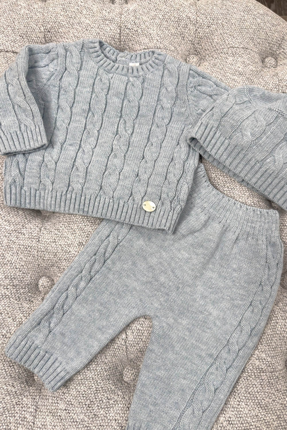 Martín Aranda "Alaric" Powder Blue Cable Knit Top, Trousers & Hat - Millie and John