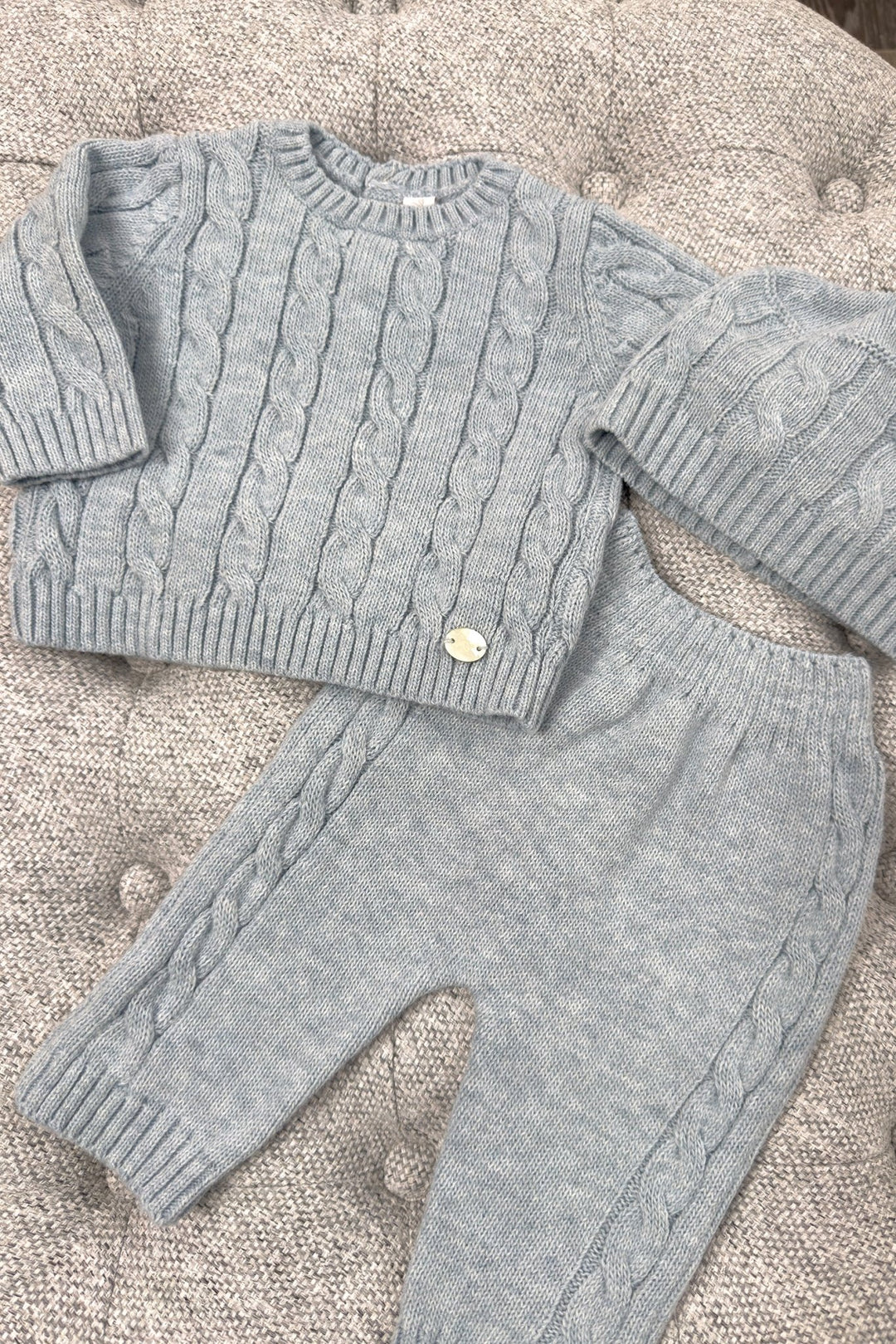 Martín Aranda "Alaric" Powder Blue Cable Knit Top, Trousers & Hat - Millie and John