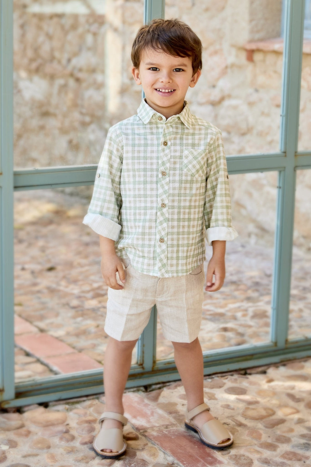 Martín Aranda "Ambrose" Sage Green Gingham Shirt & Shorts - Millie and John