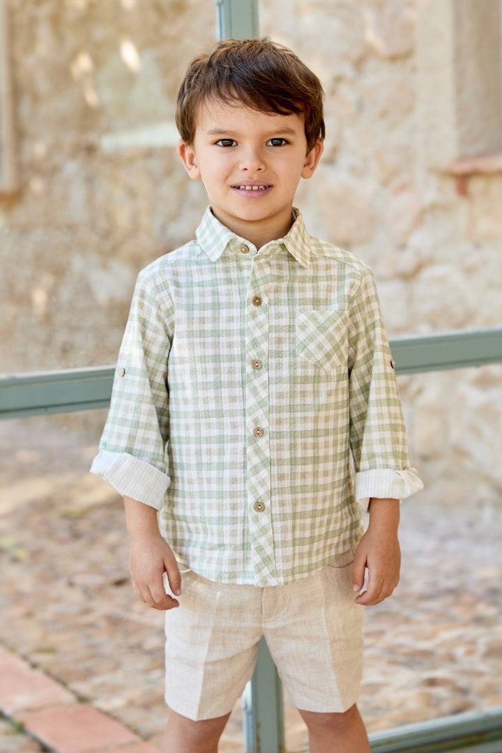 Martín Aranda "Ambrose" Sage Green Gingham Shirt & Shorts - Millie and John