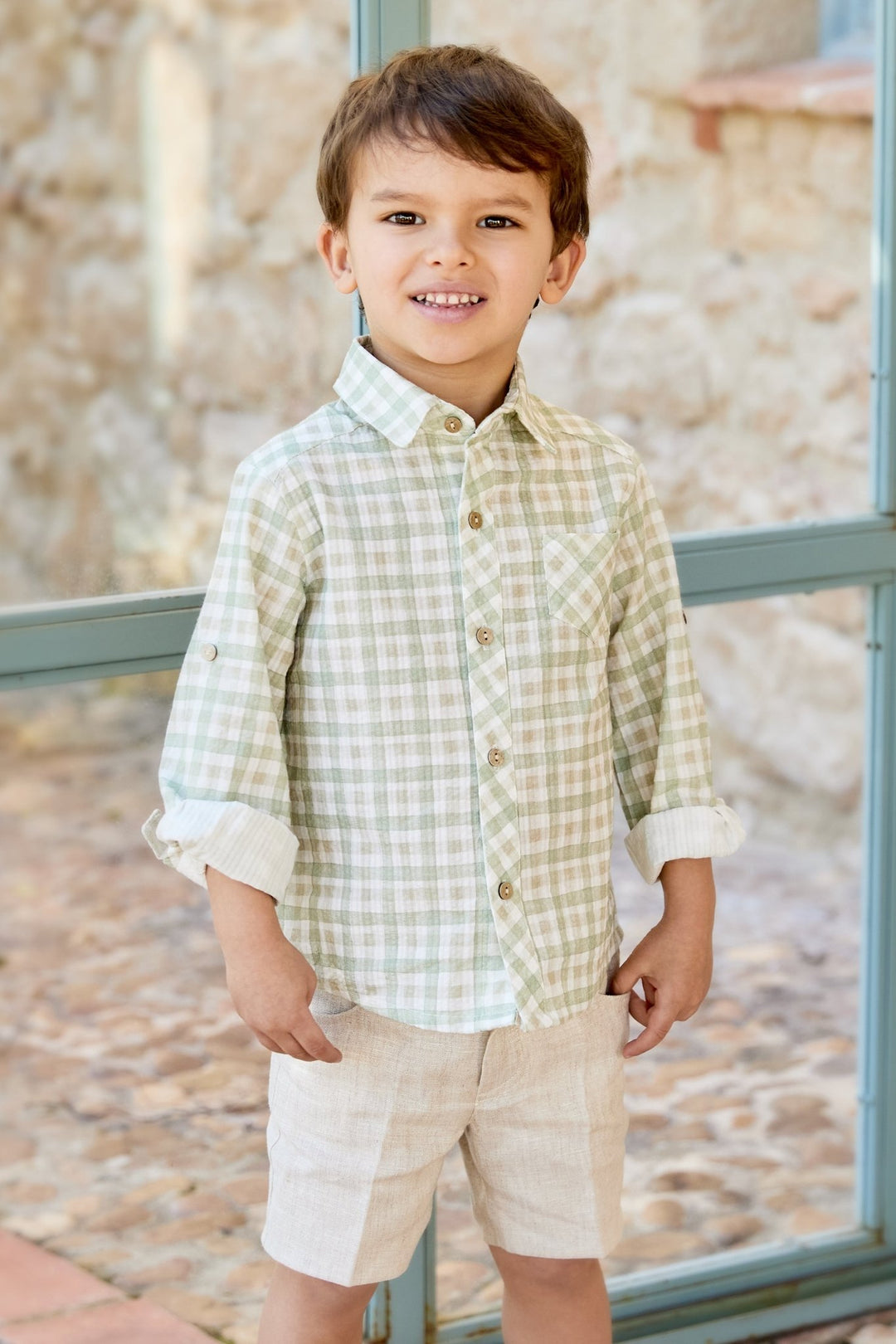 Martín Aranda "Ambrose" Sage Green Gingham Shirt & Shorts - Millie and John