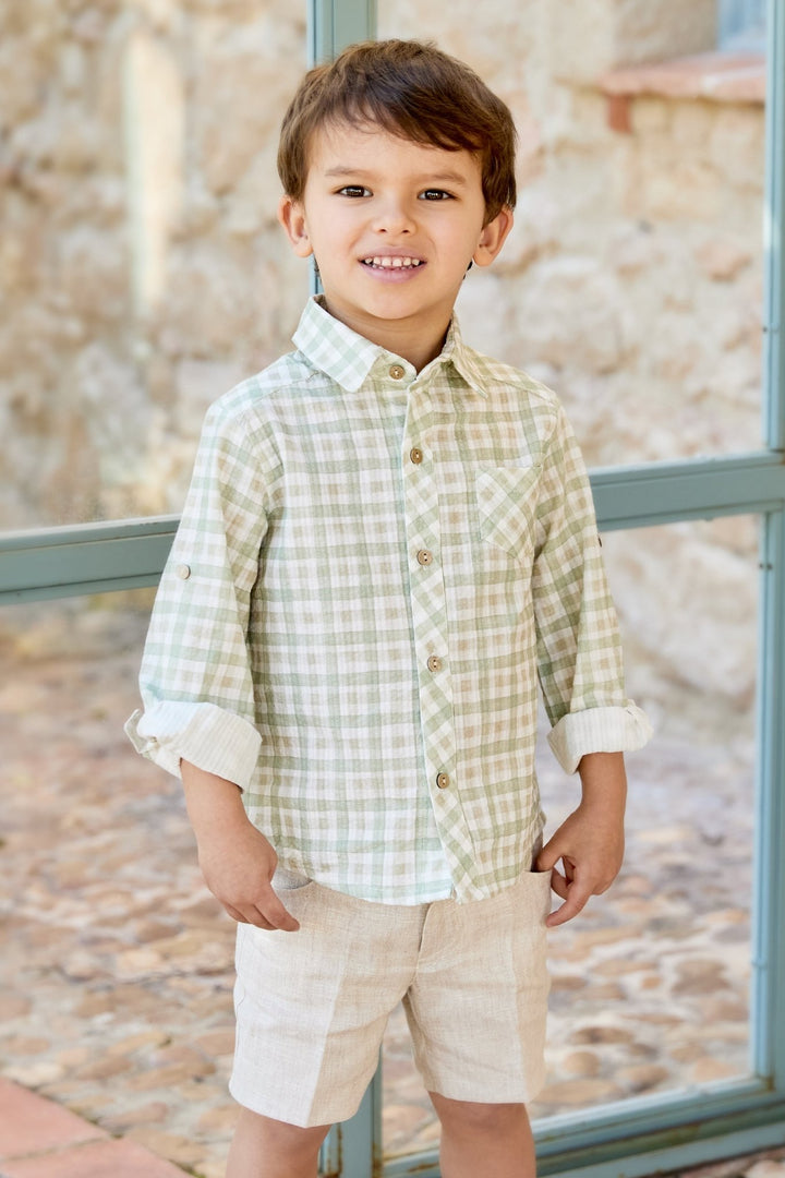 Martín Aranda "Ambrose" Sage Green Gingham Shirt & Shorts - Millie and John