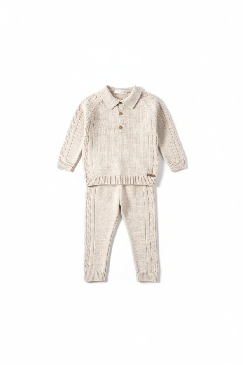 Martín Aranda "Dario" Beige Cable Knit Polo Top & Trousers - Millie and John