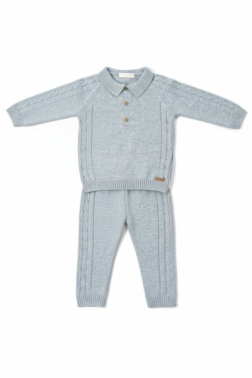 Martín Aranda "Dario" Powder Blue Cable Knit Polo Top & Trousers - Millie and John